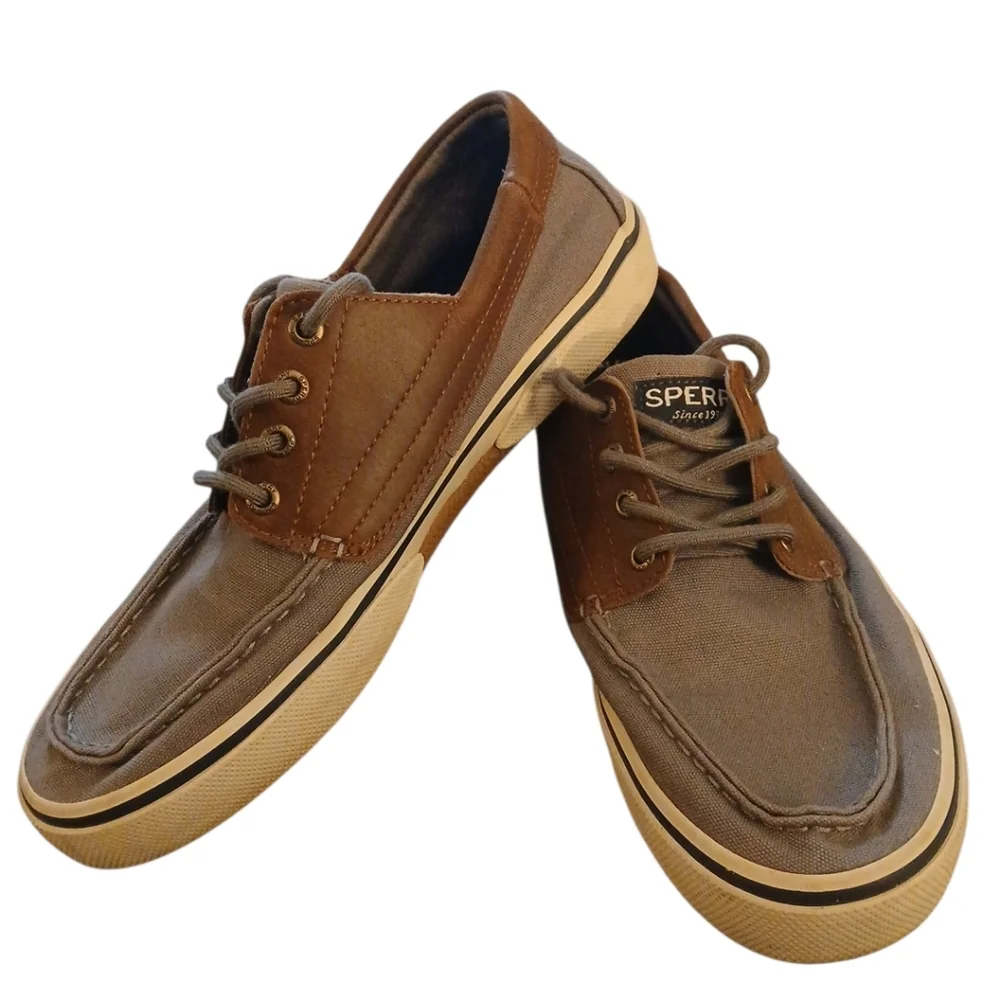SPERRY Halyard Canvas Top Sider Boat Shoes. Mens. Size 9. Grey/chocolate.